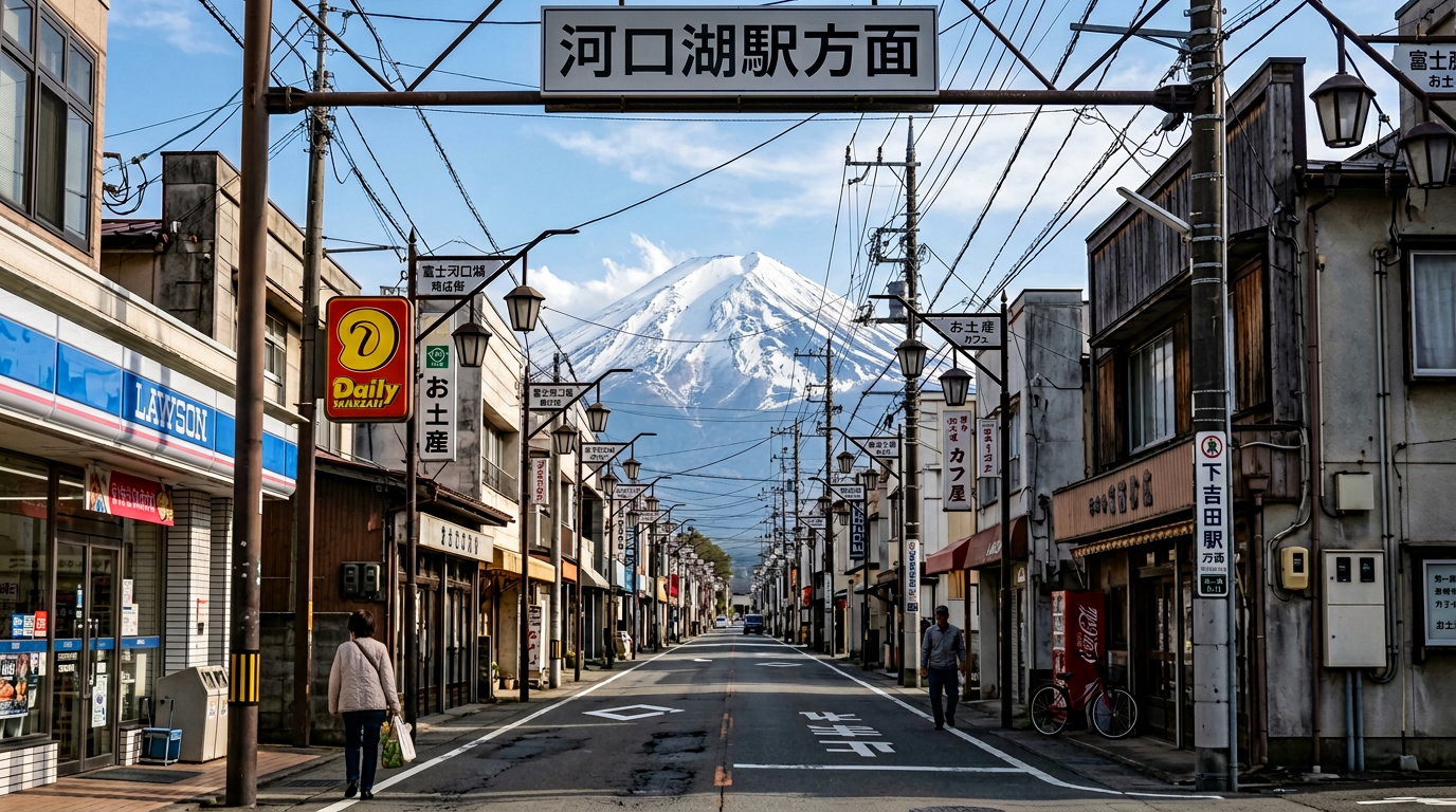 Fujikawaguchiko street framing Mount Fuji iconic view