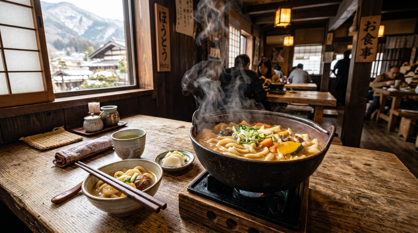 Japanese hoto noodle lunch at mountain restaurant