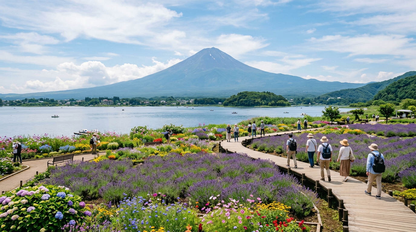 Oishi Park flowers and Lake Kawaguchi with Mount Fuji