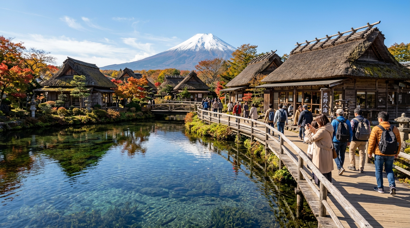 Oshino Hakkai clear ponds and thatched houses Fuji