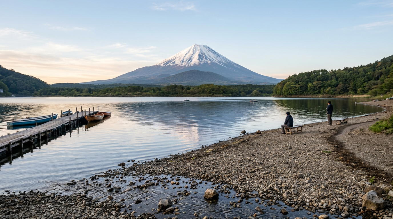 Lake Yamanaka Hirano lakeside beach with Mount Fuji
