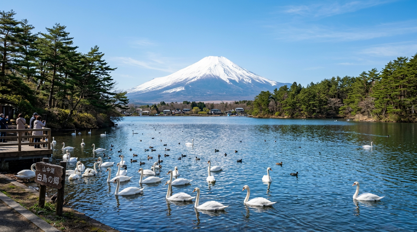 Lake Yamanaka swans and Mount Fuji Japan