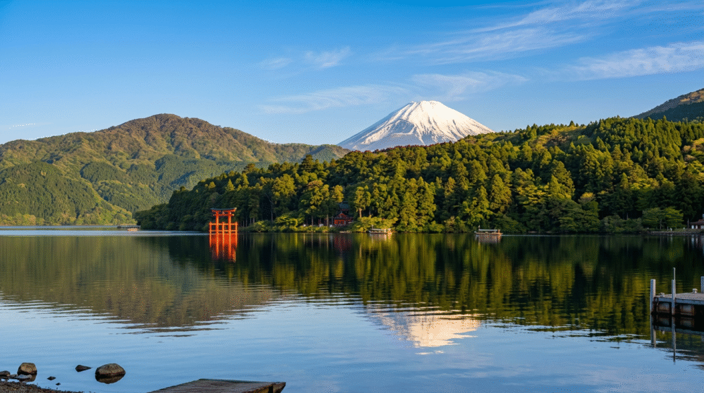 Lake Ashi with Mount Fuji and torii gate Hakone Japan