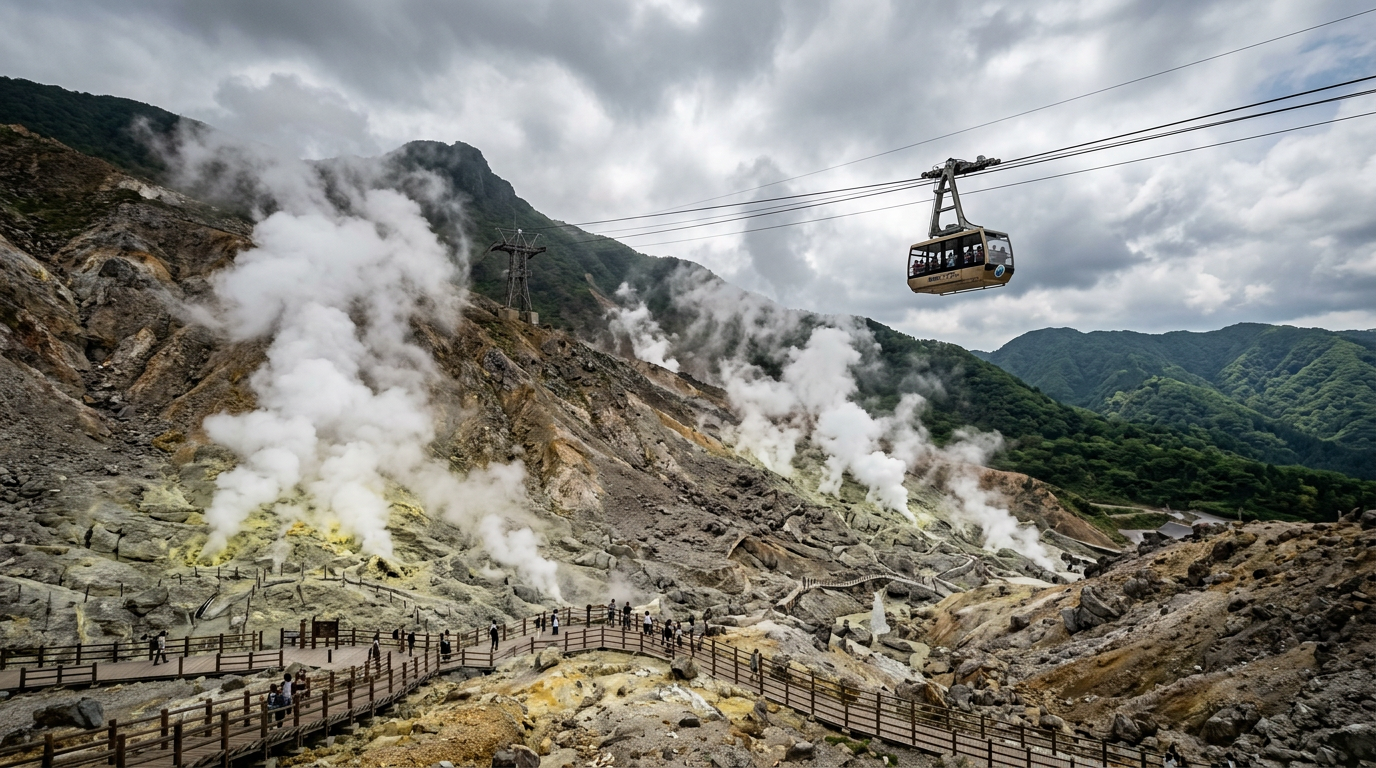 Owakudani volcanic valley with ropeway Hakone