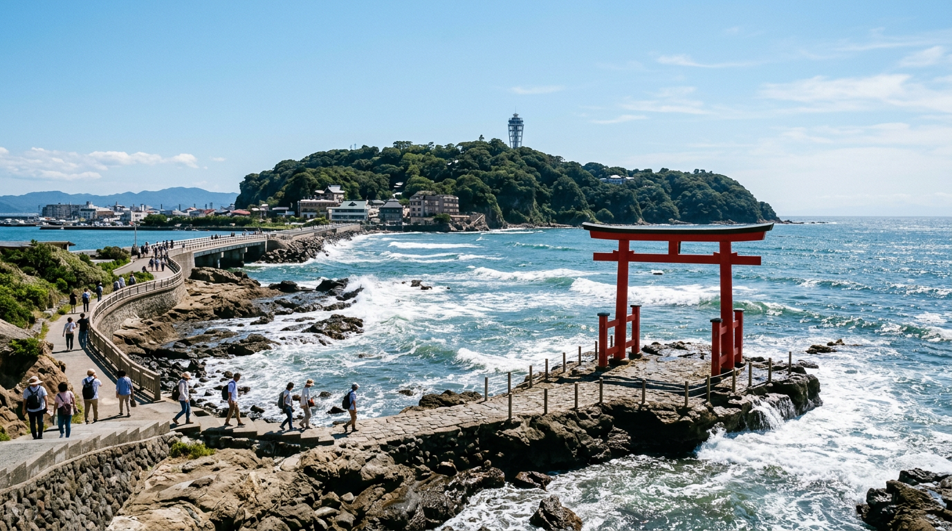 Enoshima island torii gate and ocean Kamakura
