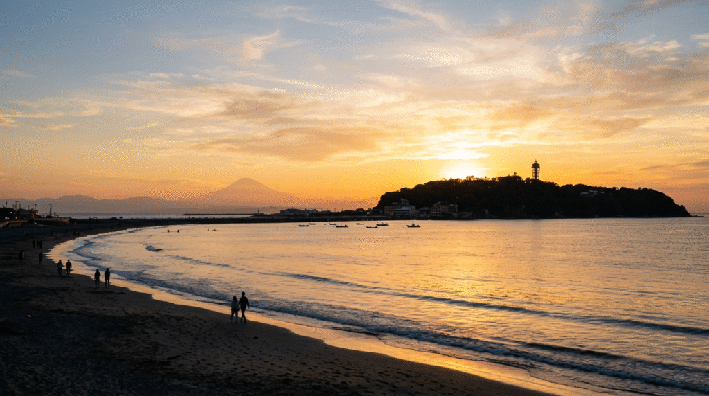 Enoshima and Shonan coast at sunset Kamakura Japan