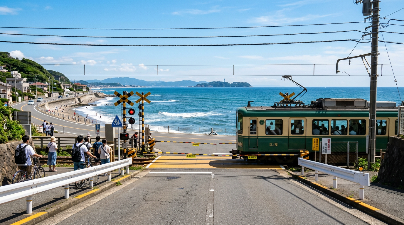 Kamakura Kōkō-Mae level crossing with Enoden train and Pacific Ocean, iconic Slam Dunk view