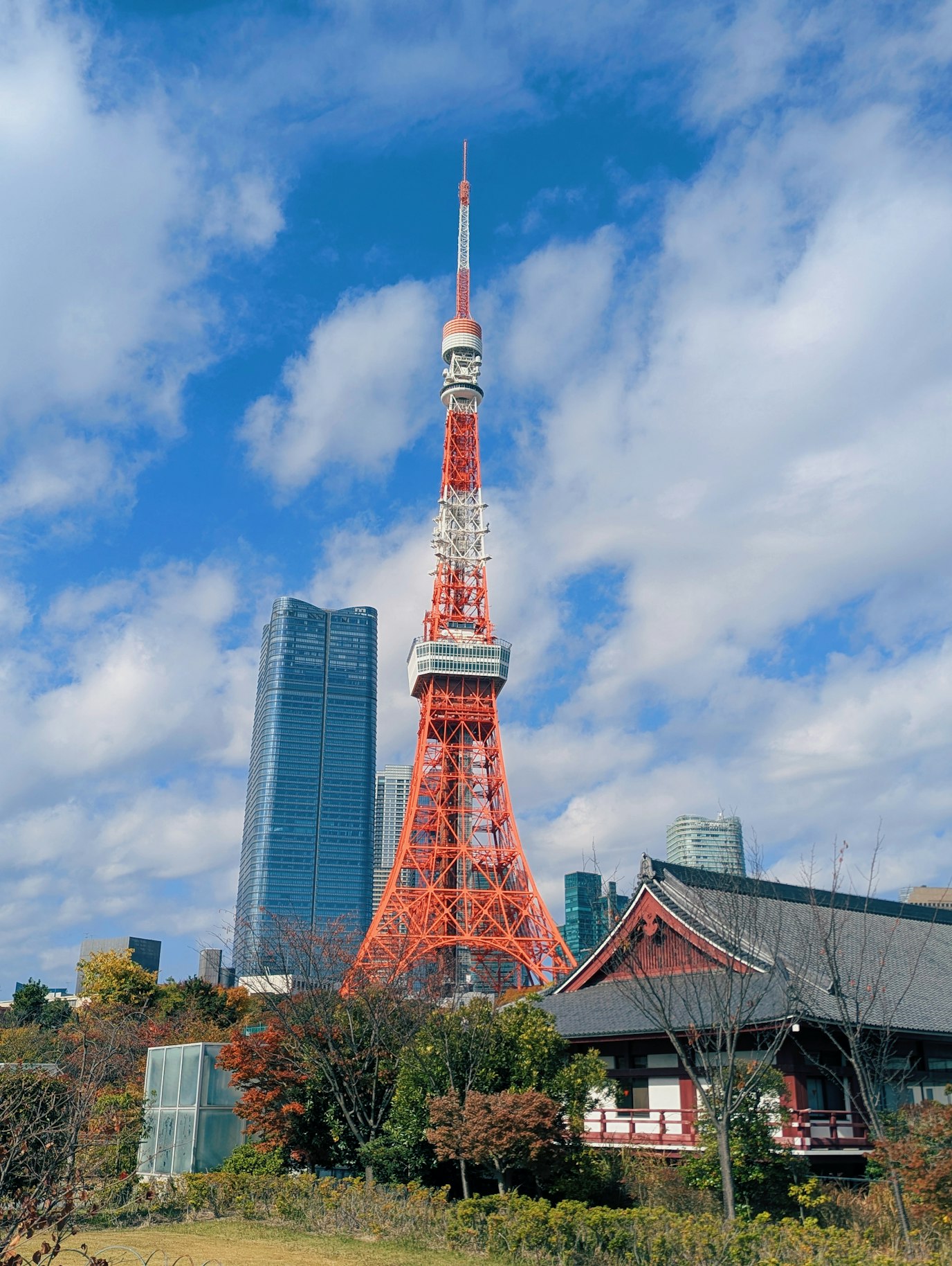 Tokyo Tower with modern buildings and traditional temple